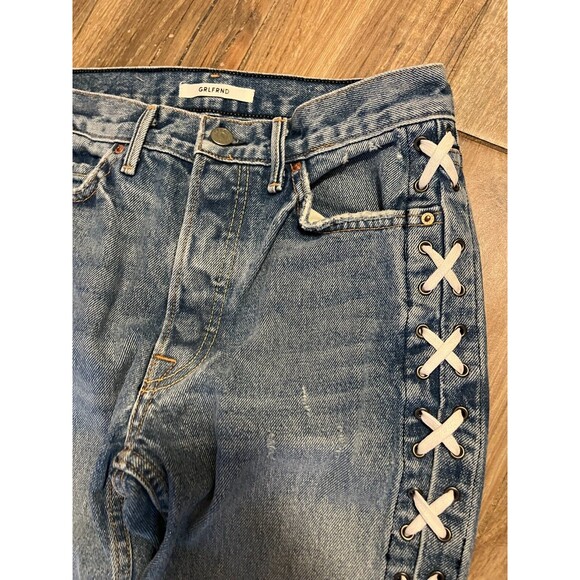 GRLFRND Jeans Karolina Blue 100% Cotton USA White Shoe Lace Sz 25 EUC - Picture 7 of 15